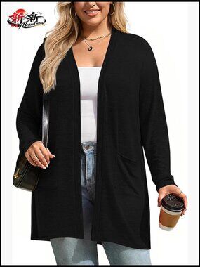 Plus Size Cardigan Long Lightweight Knit Open Front with Pockets